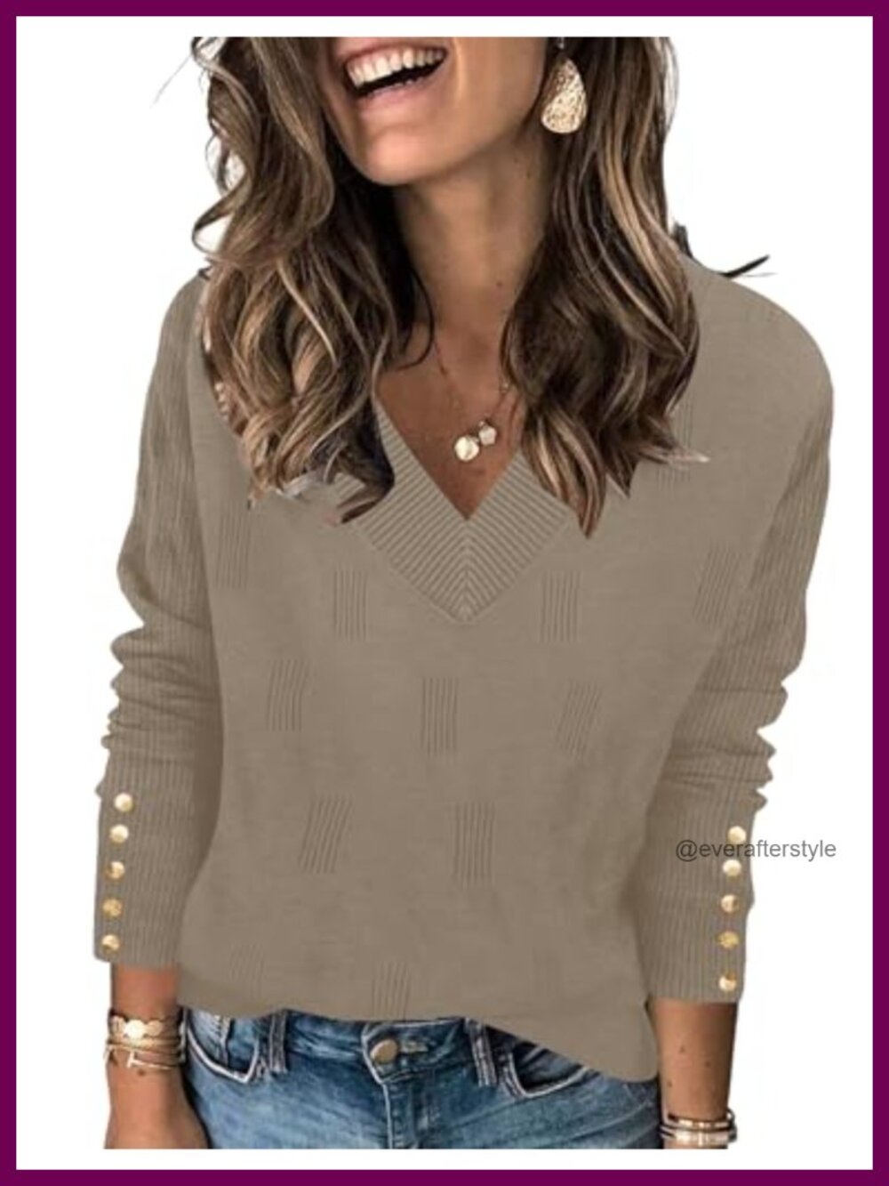 V Neck Sweater Long Sleeve Lightweight Knit Pullover with Decorative Buttons